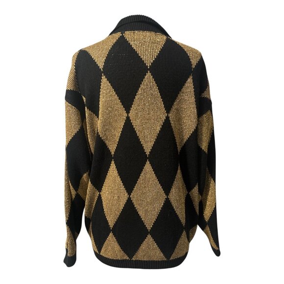 Vintage Alfred Dunner Black & Gold Argyle Knit Sweater | Made in USA | XL | Lure - Picture 5 of 11